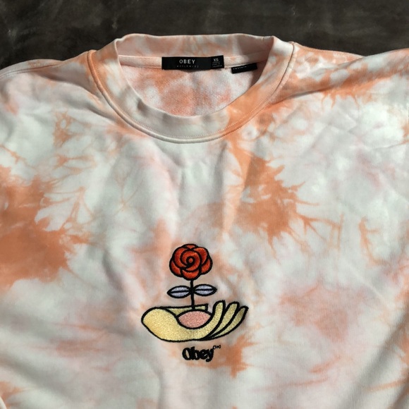 NWOT Obey Warden Tie Dye pullover sweatshirt in peach, XS - Picture 3 of 5
